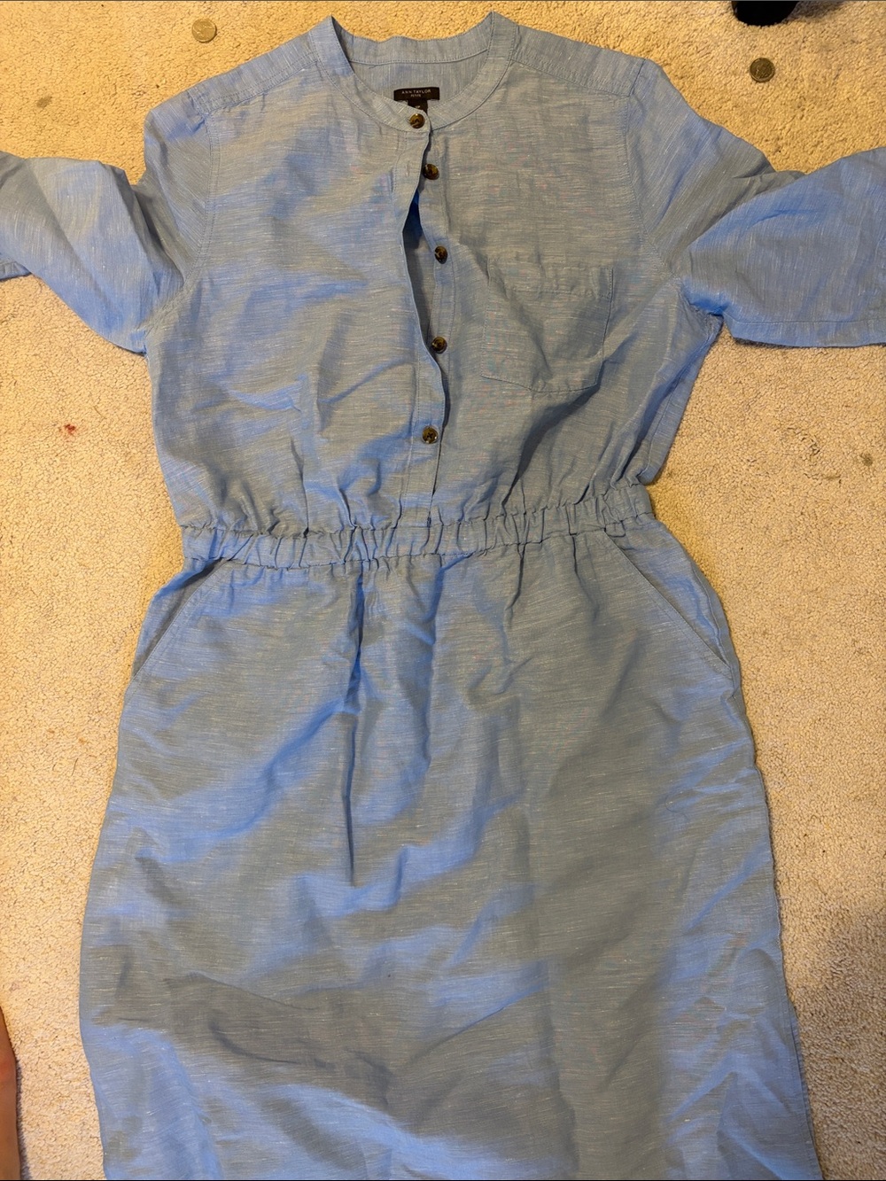 Ann Taylor Sky Blue Cinch-Waist Button Midi Dress